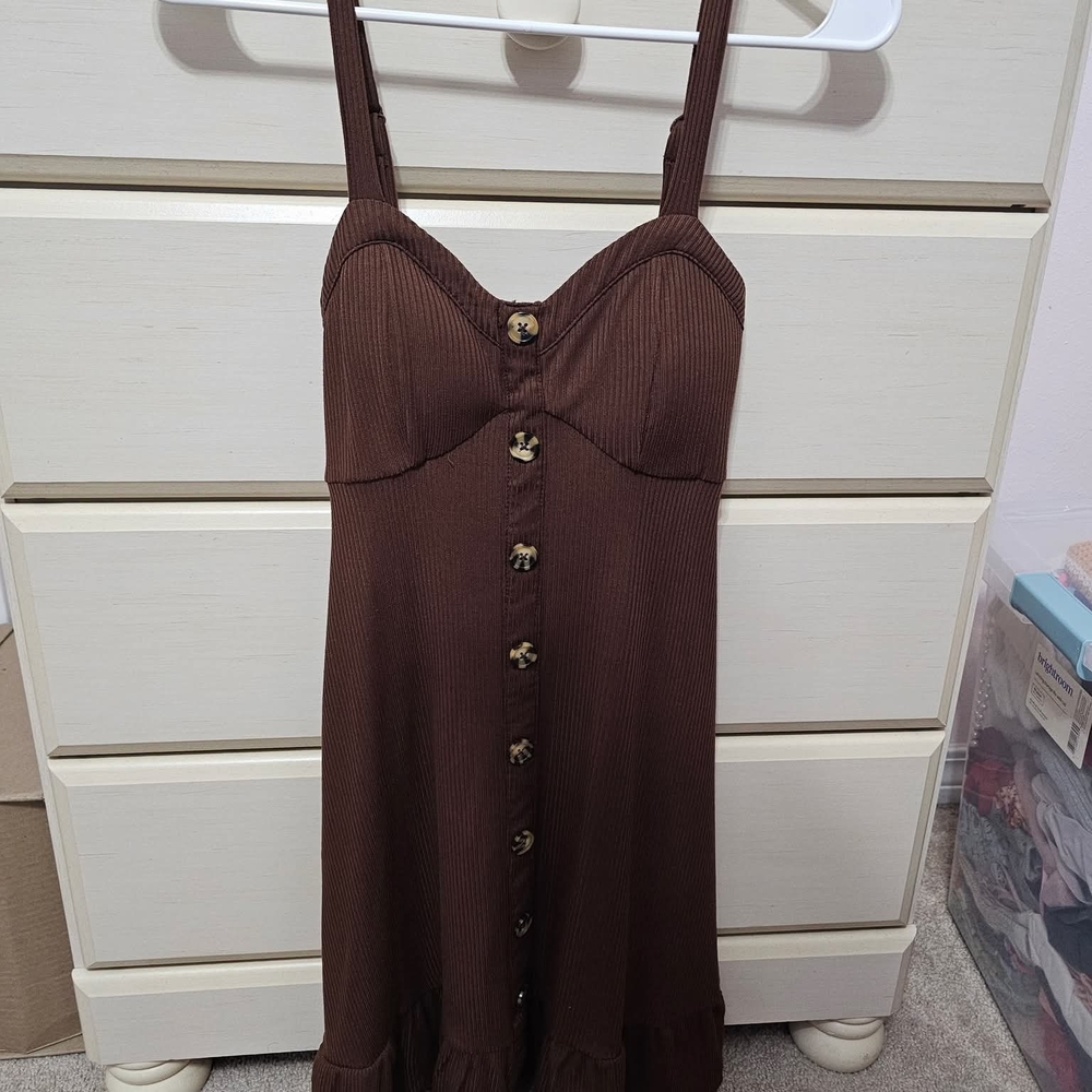 Brown Buttoned Spaghetti Strap Sundress